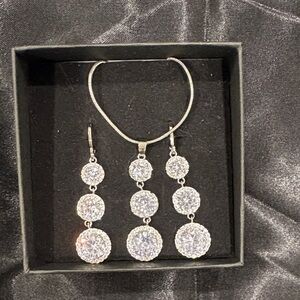 New ❤️ Stainless Steel Silver Set Necklace & Dangling Earrings Crystal Accents